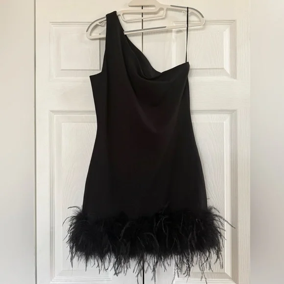 LAMARQUE Tafia One Shoulder Feather Trim Mini Dress Black NWT Size M - Picture 6 of 9